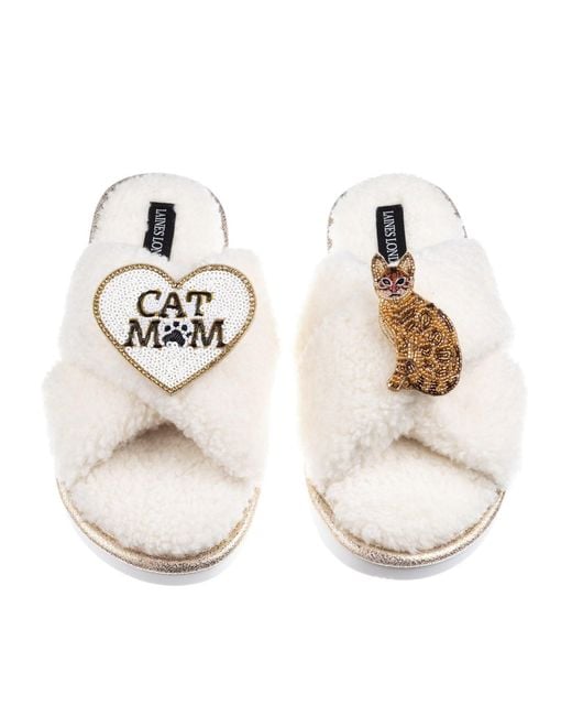 Laines London White Neutrals Boucle Slippers With Cat Mum/Mom & Bengal Cat Brooches
