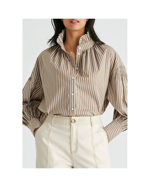 Paisie Natural Neutrals Puff Sleeve Shirt With Ruffled Collar