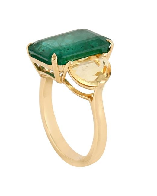 Artisan Green Emerald & Citrine Gemstone In Solid 18k Yellow Gold Classic Cocktail Ring