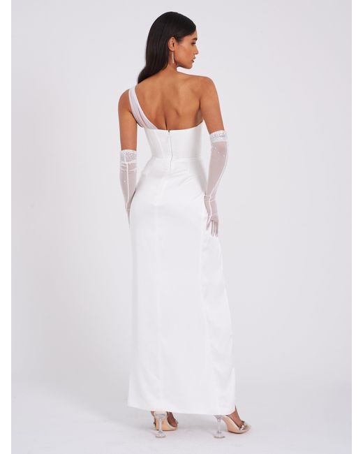 Miss Circle New York White Lora Crystal Embellished Mesh Satin Corset Gown