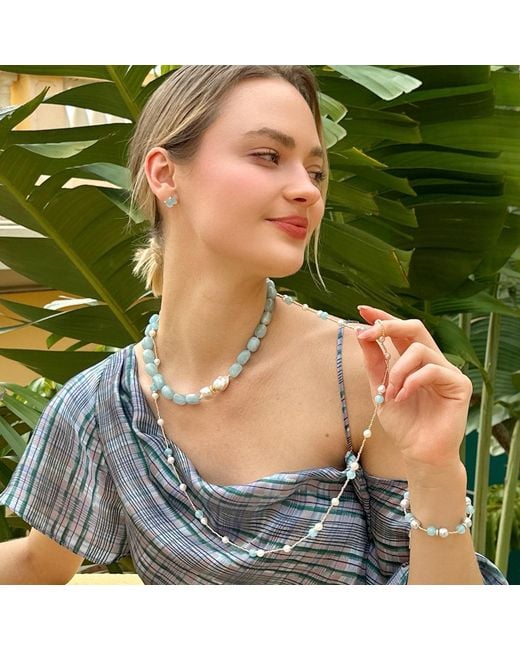 Farra Metallic Aquamarine And Freshwater Pearls Long Necklace