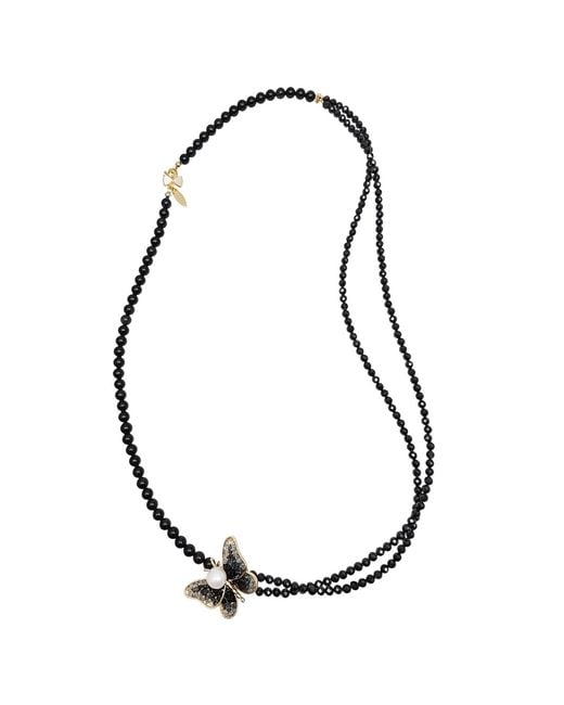 Farra Black Versatile Obsidian Necklace With Removable Butterfly Pearl Brooch