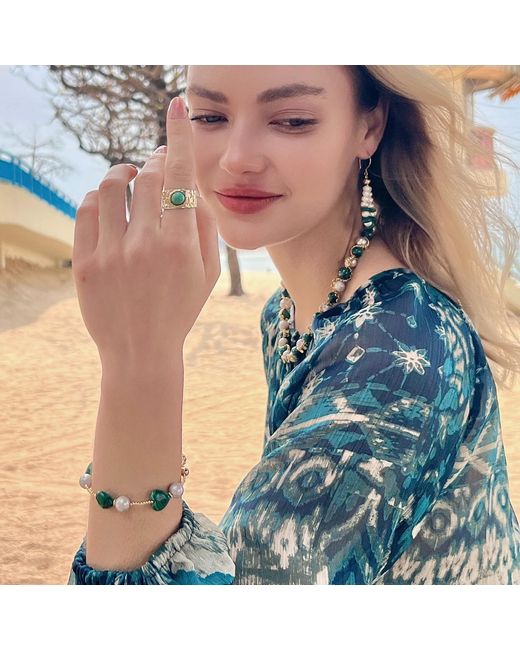 Farra Green Heart Malachite With Freshwater Pearls Bracelet