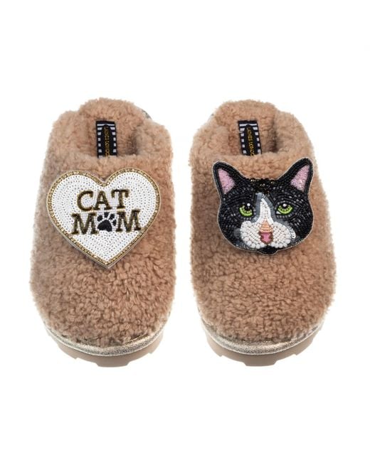 Laines London Natural Neutrals Teddy Closed Toe Slippers With Oreo Cat & Cat Mum Mom Brooches