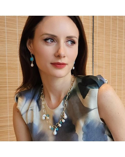 Farra Metallic Baroque Pearls With Amazonite Charm Chain Necklace