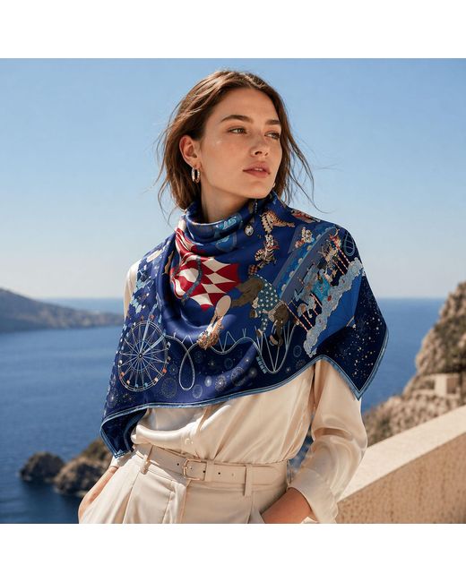 Wenzi Blue Carnival Wonderland Hand Painted Pattern Double Sided Silk Twill Scarf