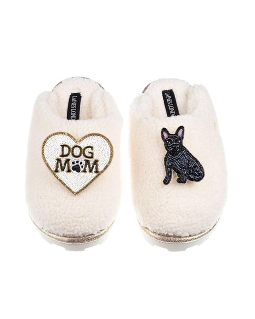 Laines London White Neutrals Teddy Closed Toe Slippers With Dog Mum/Mom & Sitting French Bulldog Brooch