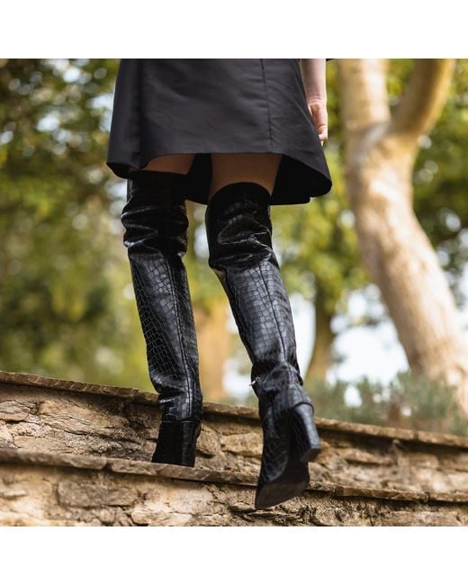 Rosamund Muir London Black Roma Crocodile Print Over Knee Boots