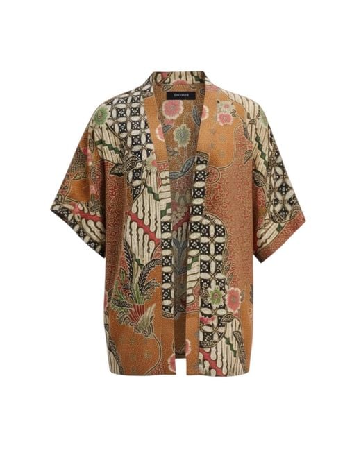 ORIGIN OF HEARTS Brown Marei Floral Print Satin Kimono Shirt