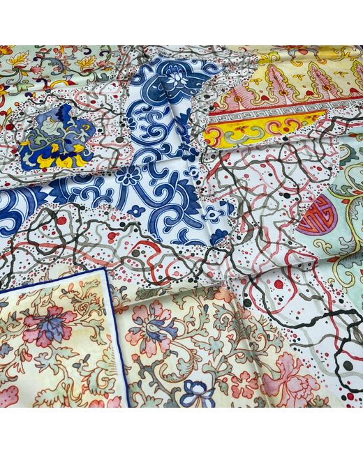 Wenzi Blue Tapestry Of Time Hand Painted Mulberry Silk Square Scarf