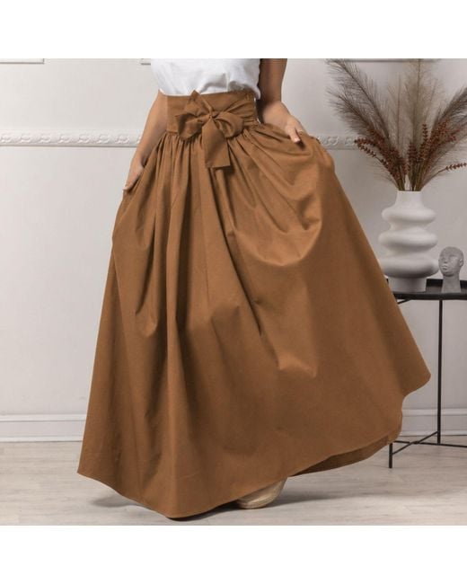 Nikka Place Brown Long Pleated High Waisted Skirt With Bow And Pockets