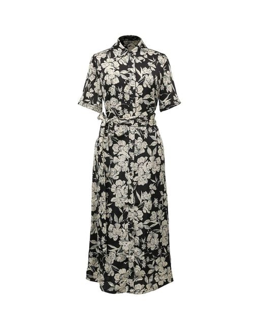 Smart and Joy Black Macro Flower Print Midi Shirt-Dress