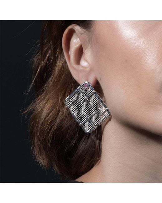 German Kabirski Metallic Takhi Lightweight Sterling & Titanium Mesh Earrings With Natural Ruby