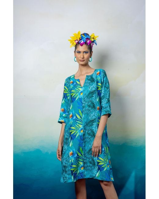 NoLoGo-chic Blue Persian Leaf Zen Dress Linen