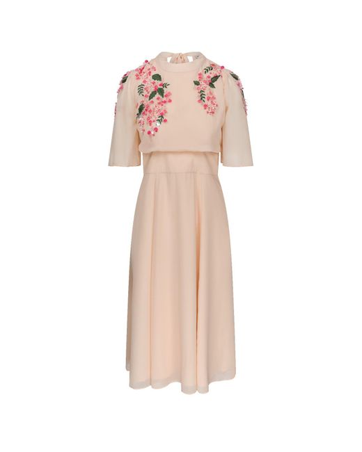 Hope and Ivy Pink The Suki Embellished Midi Dress With Contrast Beading And Bow Tie Neck Detail