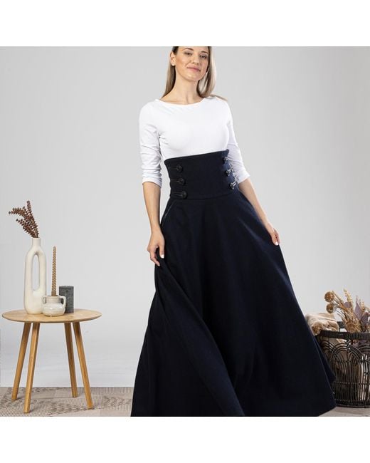 Nikka Place Blue Empire Waist Maxi Wool Skirt With Double Row Buttons