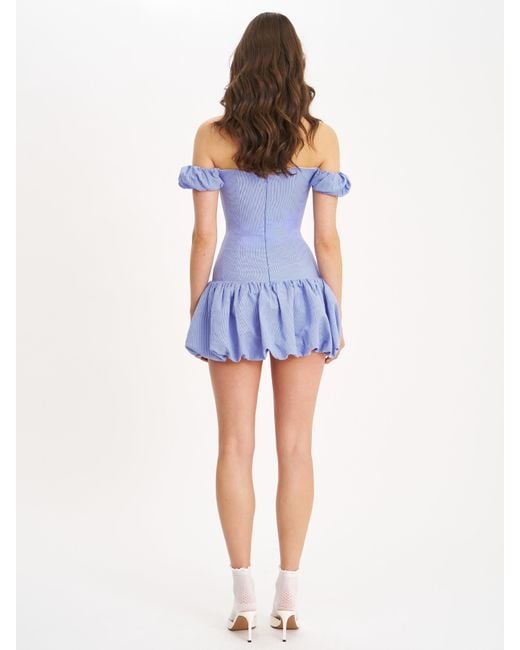 Miss Circle New York Blue Sablee Checkered Puffy Off Shoulder Trim Bubble Hem Mini Dress
