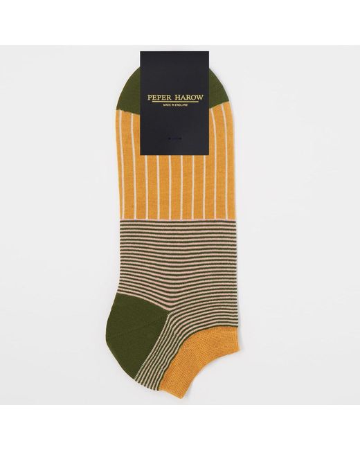 Peper Harow - Made in England Green Oxford Stripe Mustard & Polka Khaki Trainer Socks Bundle for men