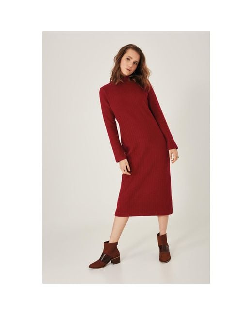 Oh!Zuza Red Long-Sleeved Turtleneck Ribbed Cotton Dress