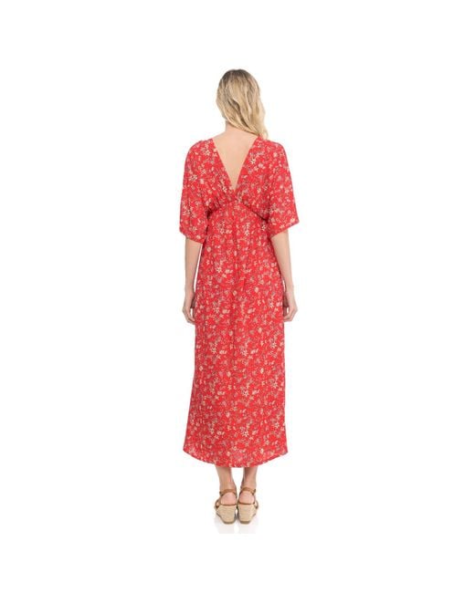 Tantra Spain Sl Red Printed Dress With V-Neck, Elastic Waist And Drawstring Unique Size