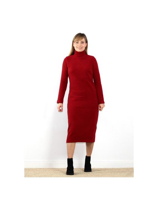 Oh!Zuza Red Long-Sleeved Turtleneck Ribbed Cotton Dress