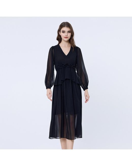 Smart and Joy Black Long Ruffle Chiffon Dress