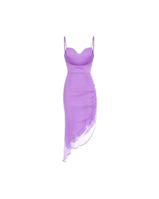 AVENUE No.29 Purple Asymmetric Silk Midi Dress With Straps And Side Gathering