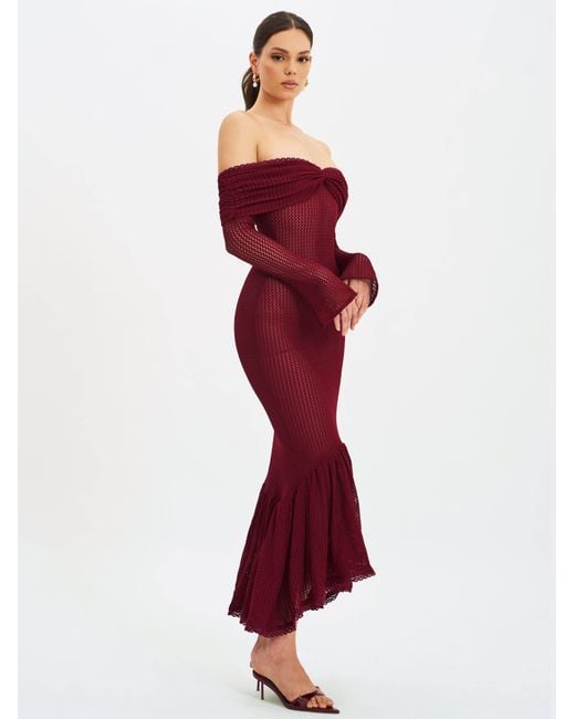 Miss Circle New York Purple Kaedyn Burgundy Off Shoulder Long Sleeve Crochet Mermaid Maxi Dress