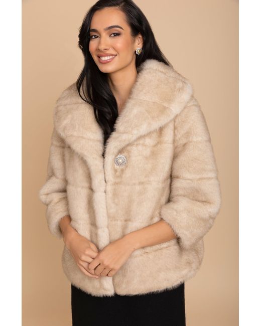 Santinni Natural Satin-Lined Faux Fur Cropped Brooch Coat