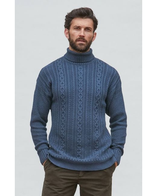 Paul James Knitwear Blue Midweight Cotton Aith Cable Roll Neck Gansey Jumper for men