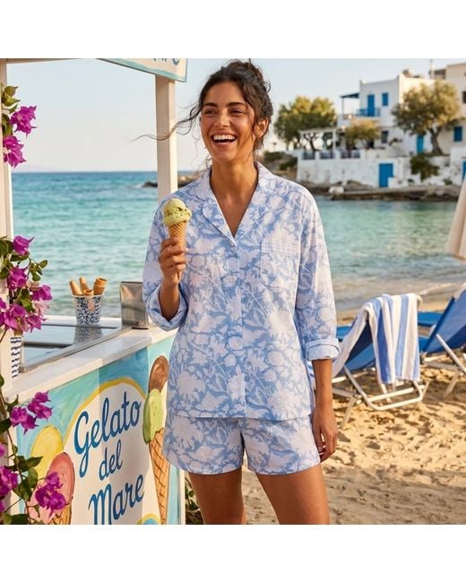 NoLoGo-chic Blue Hand Block Printed Cotton Shorts Pj Set Cotton De Nimes