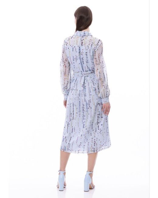 Carloslines Blue Button Down Shirt Dress With Illusion Puff Long Sleeve & Pockets