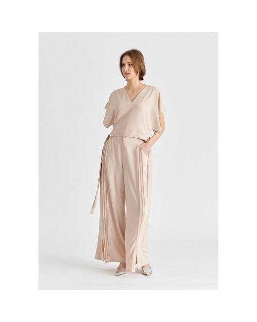 Paisie Natural Neutrals Wide Leg Trousers With Side Pleats And Split Hem