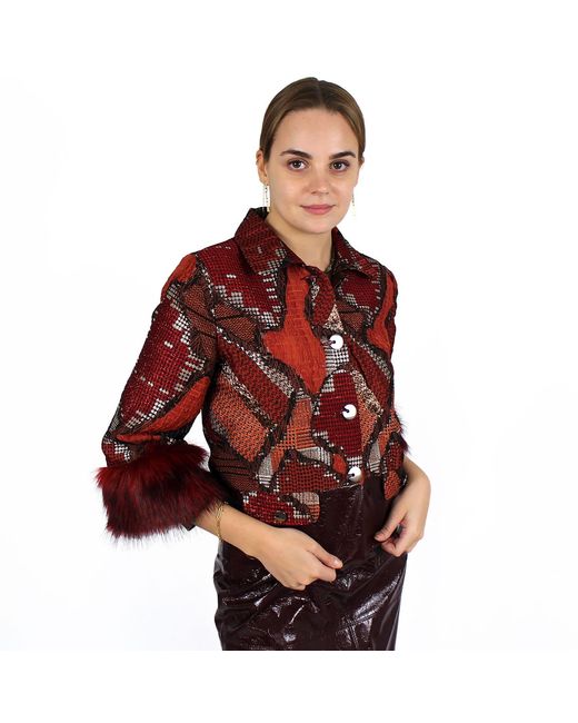Lalipop Design Red Jacquard Jacket With Faux Fur Cuffs