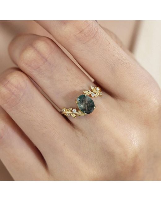 Azura Jewelry New York Metallic Between The Leaf Oval Moss Agate Ring Solid