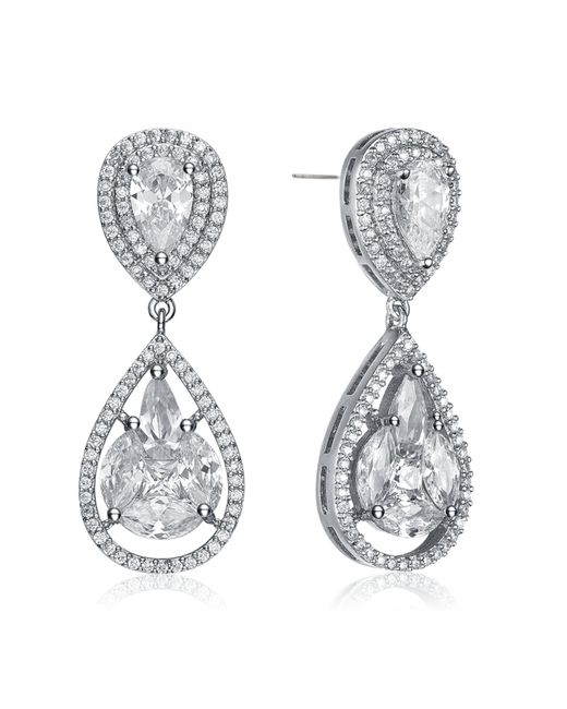 Genevive Jewelry Metallic Sterling Silver White Gold Plated Howlite Cubic Zirconia Halo Drop Earrings