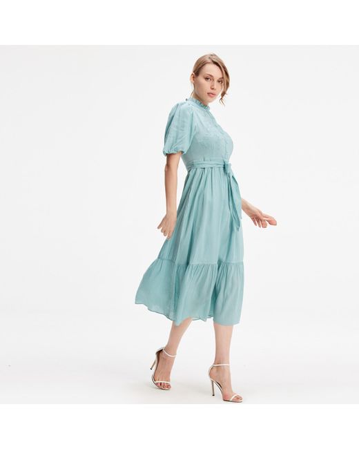Smart and Joy Blue Tea Dress With Tiered Ruffles