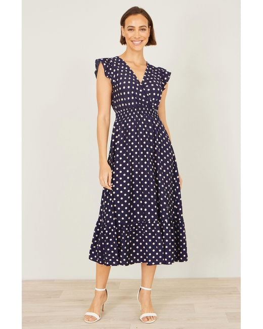Yumi' Blue Spot Ruched Waist Midi Dress