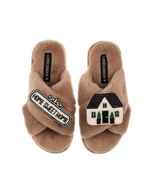 Laines London Brown Neutrals Classic Laines Slippers With Home Sweet Home Brooches