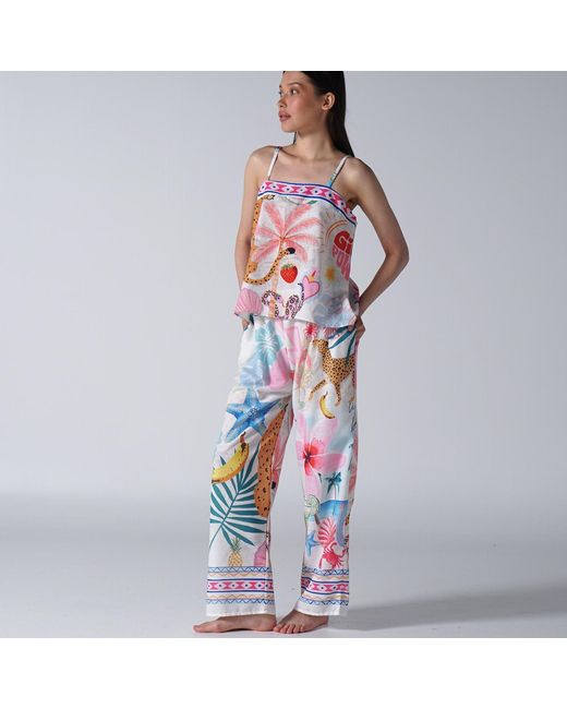 LOVEIST STORE White Tropical Pop Icon Patterned Wide Leg Trousers