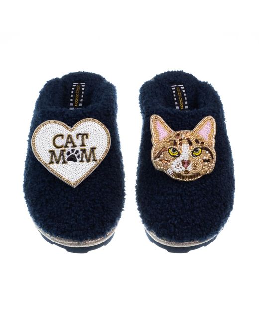 Laines London Blue Teddy Closed Toe Slippers With Tabby Cat & Cat Mum Mom Brooches