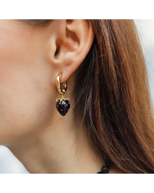 Farra Metallic Strawberry Dangle Hoop Earrings