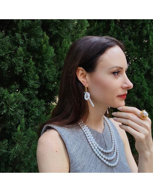 Farra White Freshwater Pearls Butterfly Knot And Tassel Asymmetric Earrings
