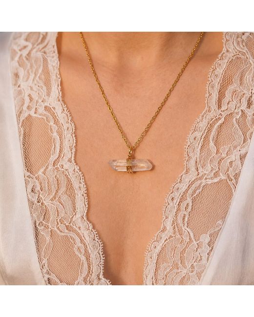 Ormiro Metallic Axis Mundi Clear Crystal Quartz Point Pendant Necklace