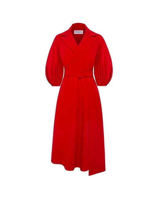 Femponiq Red Wide Lapel Asymmetric Belted Midi Cotton Dress