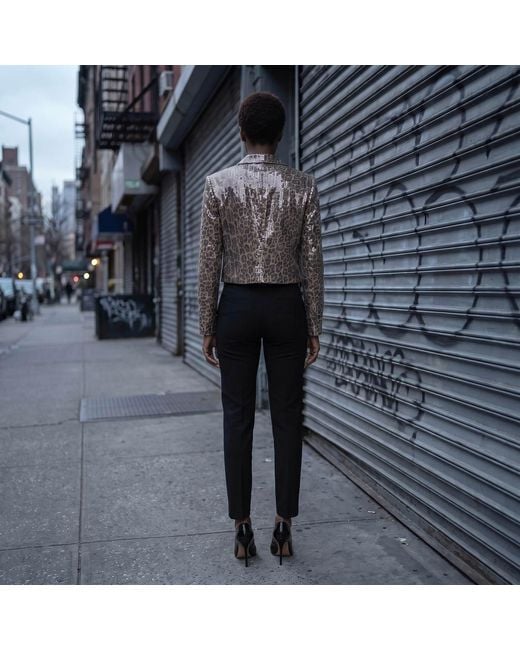 Modenaire Brown Cropped Leopard Print Sequin Blazer With Single Button Closure