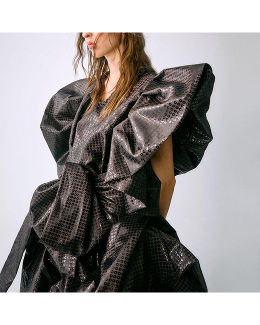 Miro Misljen Black Sequined Ruffled Wrap Dress
