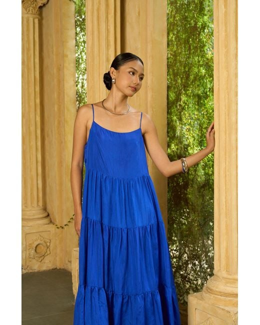 Silk and Bears Blue Valentina Royal 100% Silk Tiered Maxi Dress — Habotai Silk