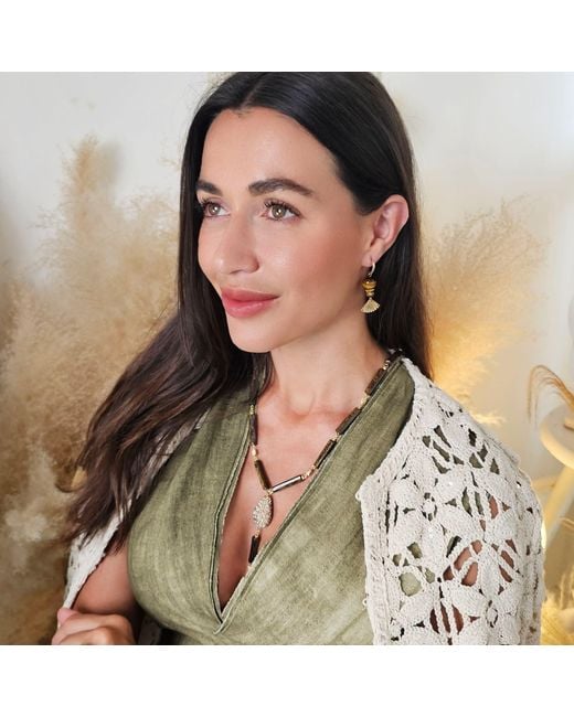 Farra Brown Y Shaped Tiger-Eye Stone With Rhinestone Tassel Lariat Necklace