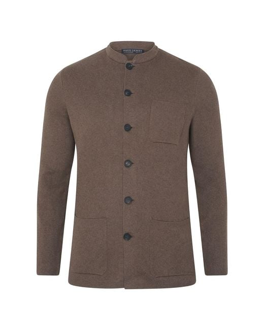 Paul James Knitwear Brown Midweight Cotton Jaipur Knitted Nehru Jacket for men